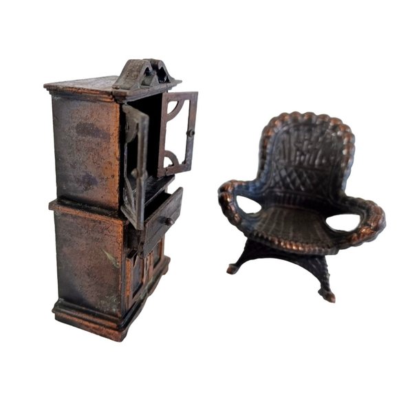 Vintage 1970's Bronze Die Cast Dollhouse Miniature 3" Cabinet & 2" Rocking Chair - Picture 3 of 8